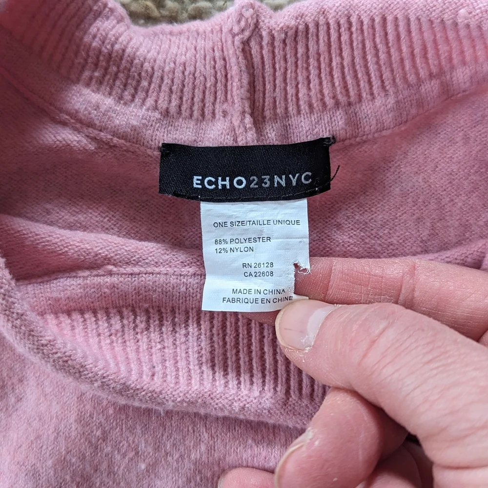 ECHO 23 NYC Convertible Women's Poncho Sweater -PEONY PINK Gray Trim-One Soze